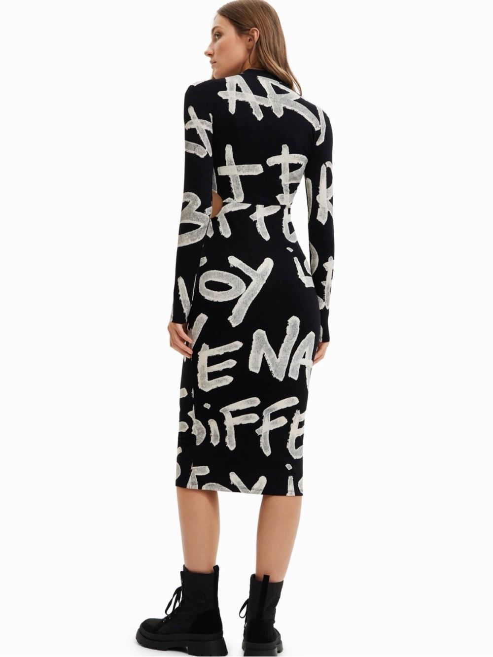 Desigual Manifesto Maya Dress Black & White Graffiti-Print Long Sleeve Bodycon - Picture 4 of 16